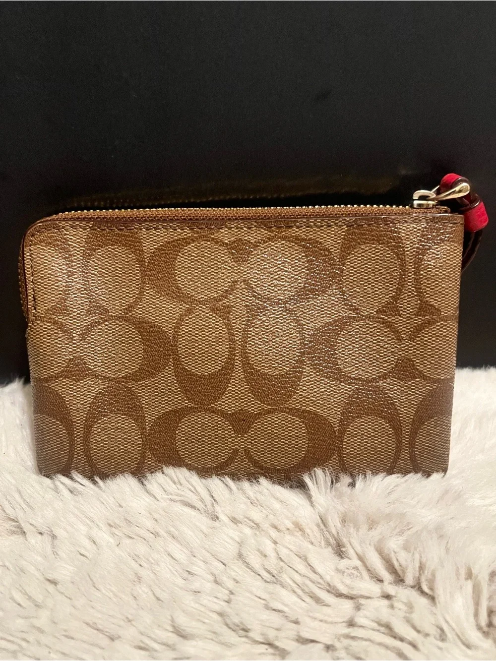 Coach Corner Color block Brown Signature Canvas Wristlet with Red Leather Pocket
